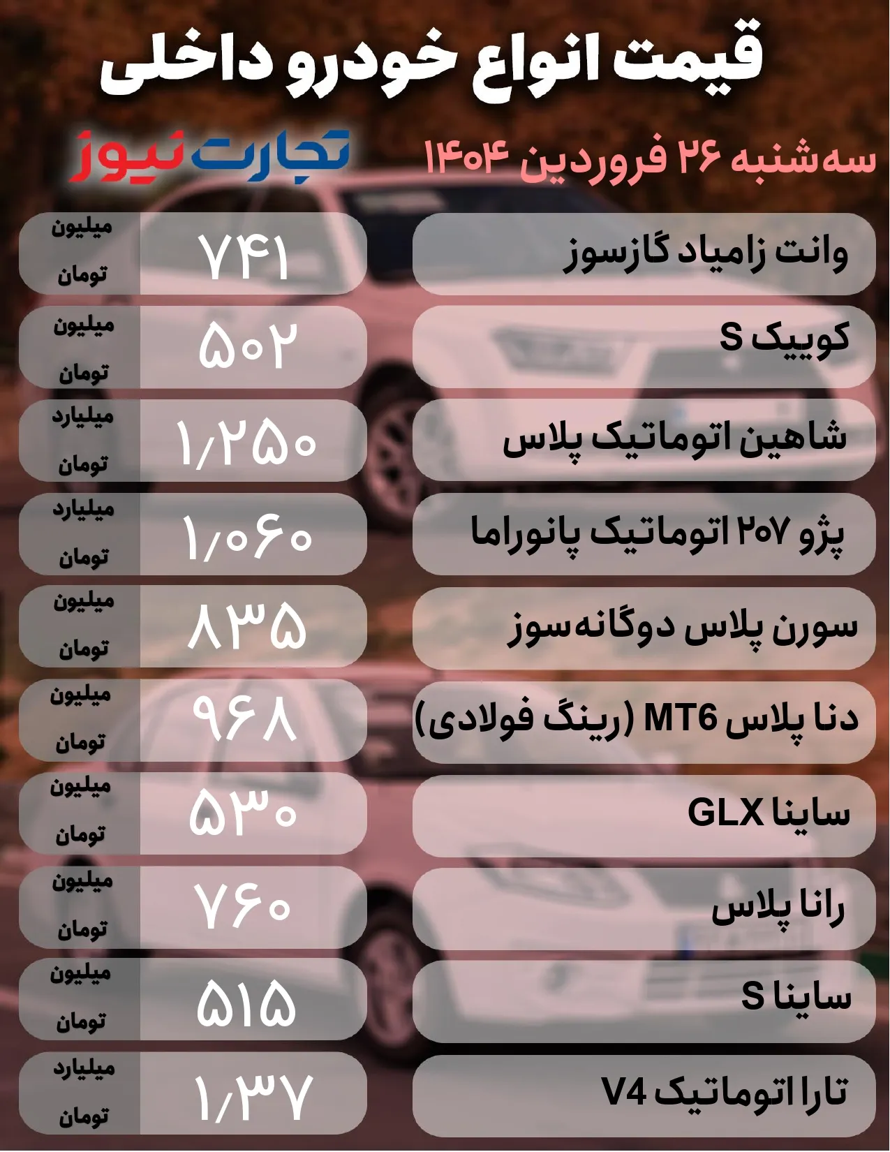 قیمت خودروهای داخلی